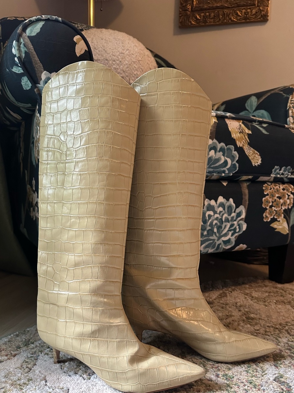 Knee-High Croc-Embossed Kitten Heel Boot in Cream - Picture 2 of 5